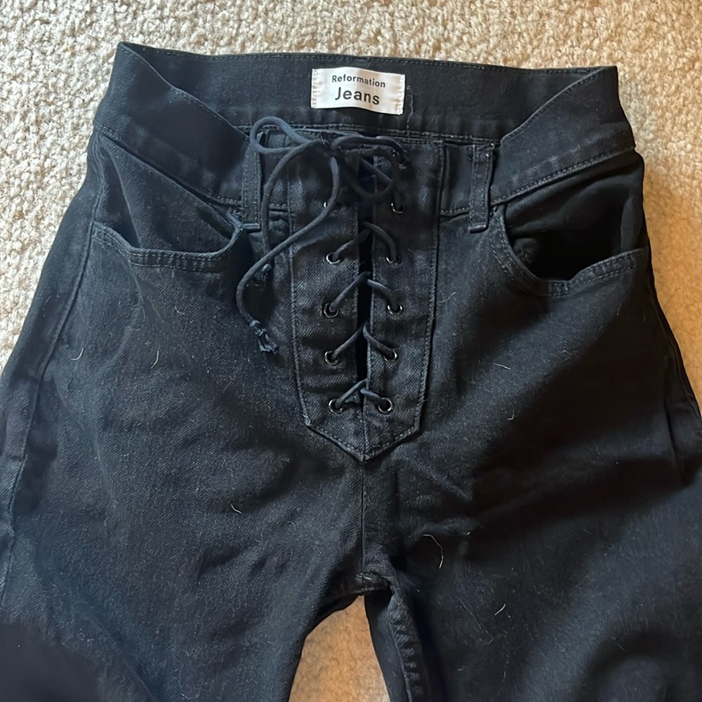 Reformation Jaden High & Skinny black jeans with lace up front detail